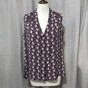 EUC Rose + Olive Silky Sleeveless Blouse-Sz M-Pink/Navy/Red Pink-Deep V Neck